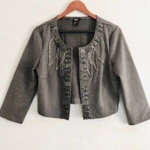 H&M Cocktail Jacket M Cropped Thick Knit Embellished Beaded Open Front Gray